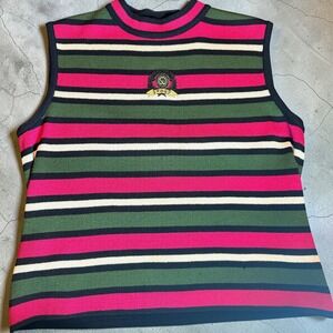 St John Sport Marie Gray Pink Green Striped Knit Sleeveless Top Crest Logo Med